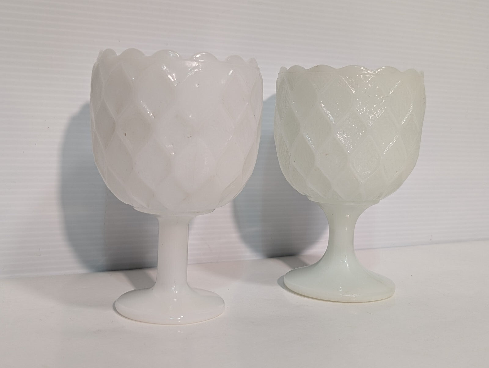 Two Vintage EO Brody + Indiana Glass Milk White Glass Goblets Harlequin Pattern