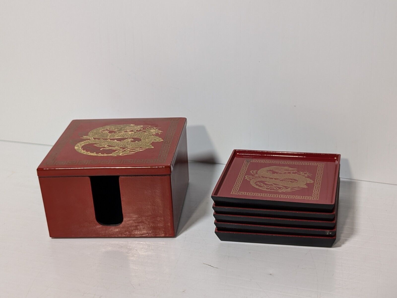 Vintage Japanese Otagiri Red and Gold Dragon Motif Lacquerware Coaster Set