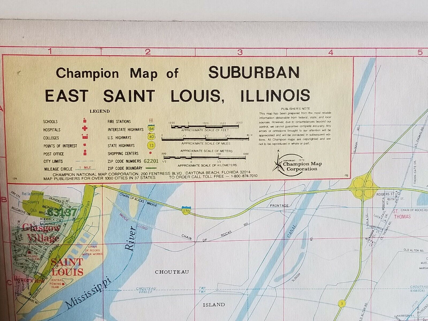 Suburban East St Louis historical pull down map by Champion, vintage