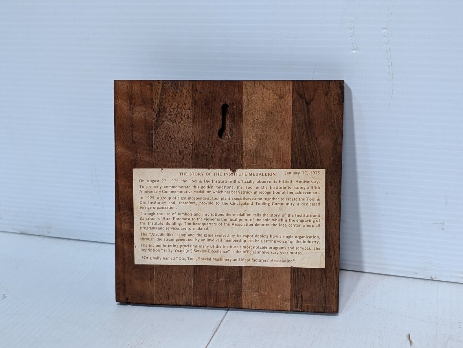Vintage 50th Anniversary Tool and Die Institute Memorial Plaque - 50 Years Old!