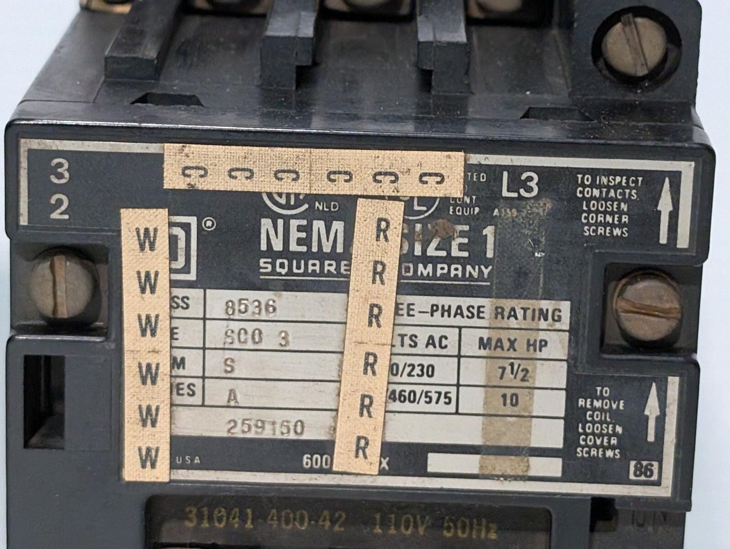 Square D 8536 SCT0-3 Motor Starter, NEMA Size 1, Series A, Form S, 110\120V Coil