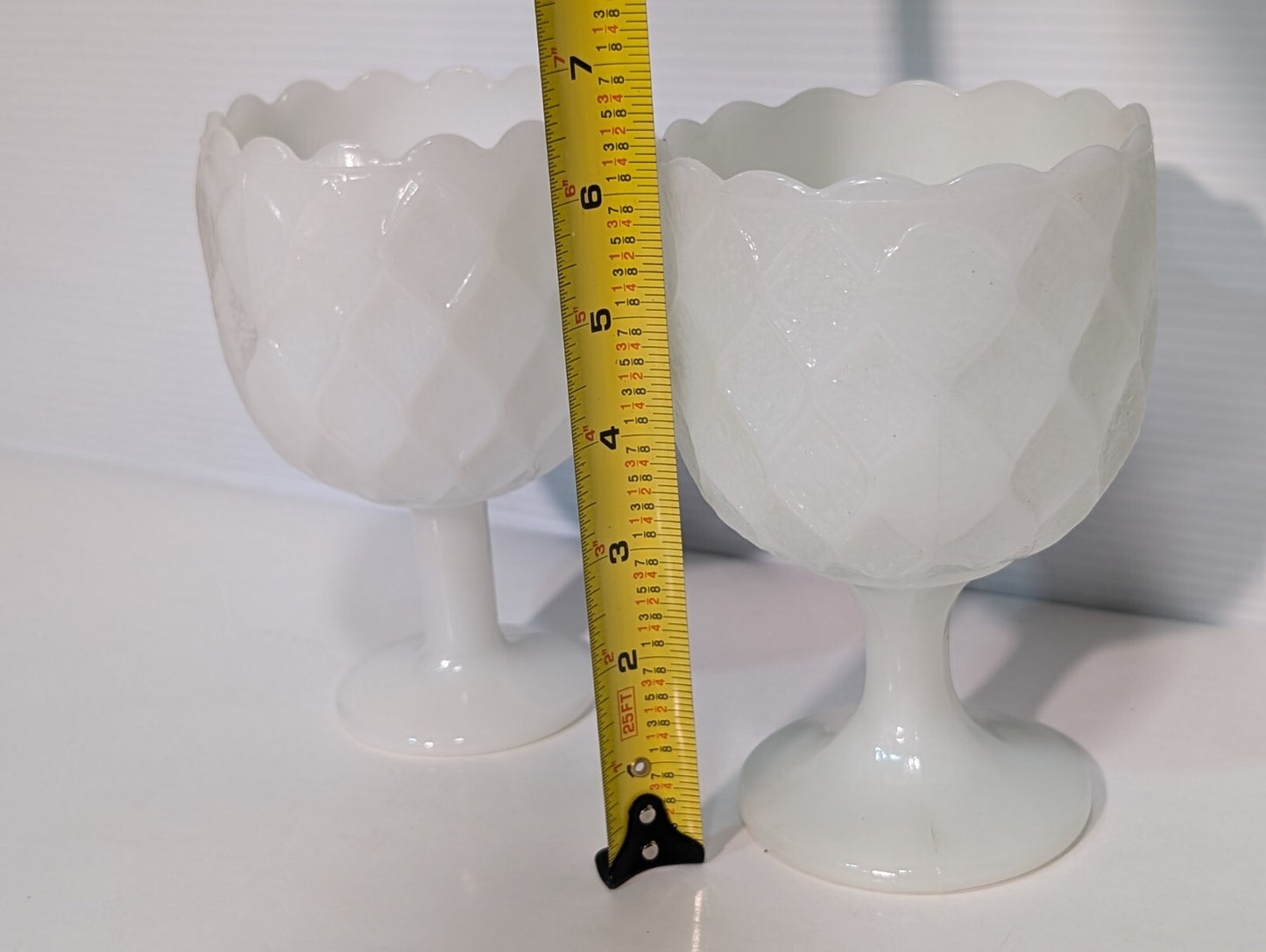Two Vintage EO Brody + Indiana Glass Milk White Glass Goblets Harlequin Pattern