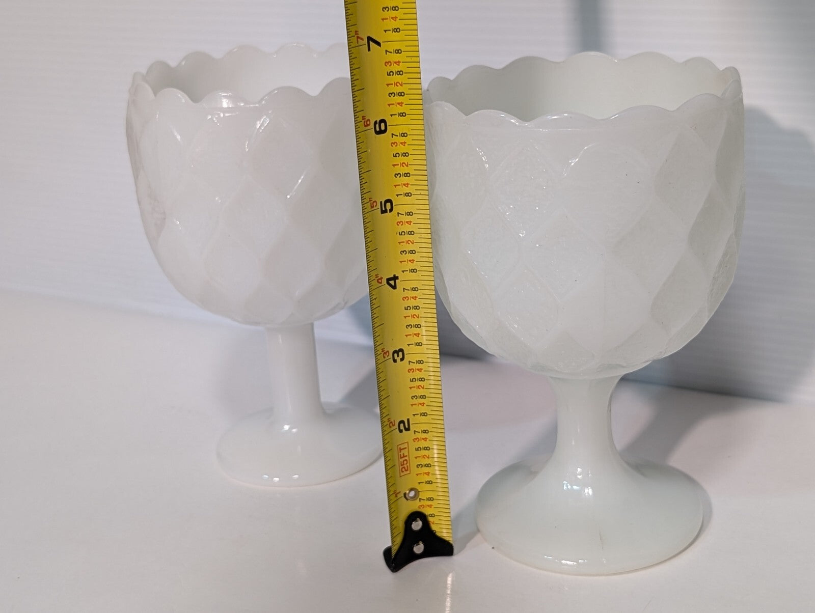 Two Vintage EO Brody + Indiana Glass Milk White Glass Goblets Harlequin Pattern