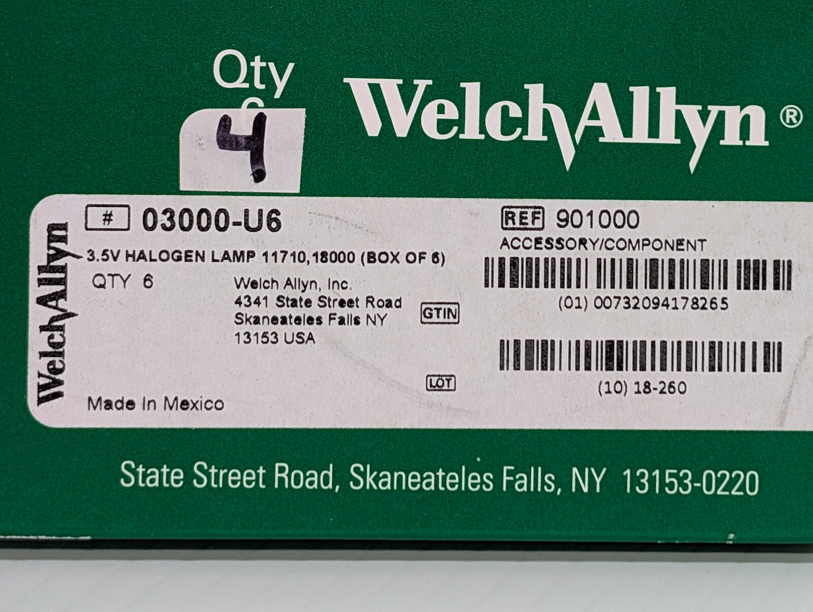 4-Pack Welch Allyn 03000-U6 3.5V Ophthalmoscope Halogen Lamp Bulbs, 901000