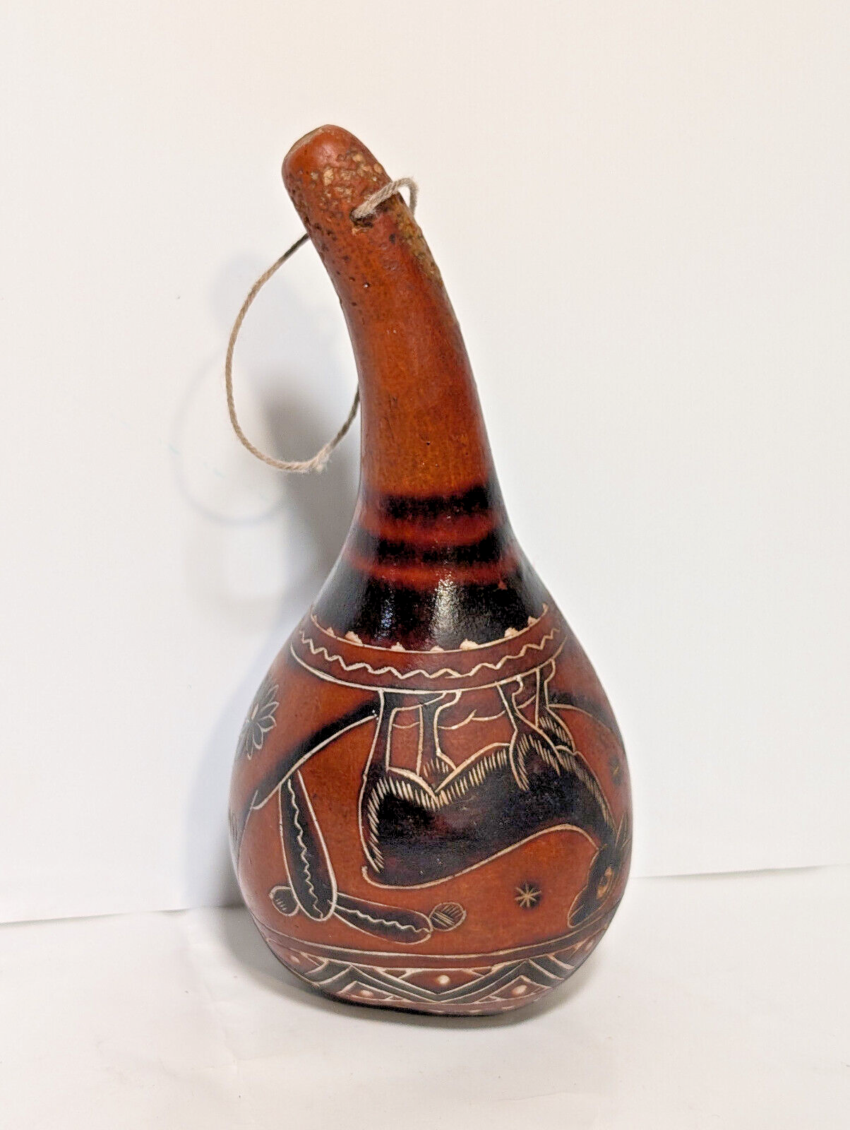 Vintage Peruvian Etched Gourd Maraca, Shaker, Music, Mountains, Donkey, Cactus