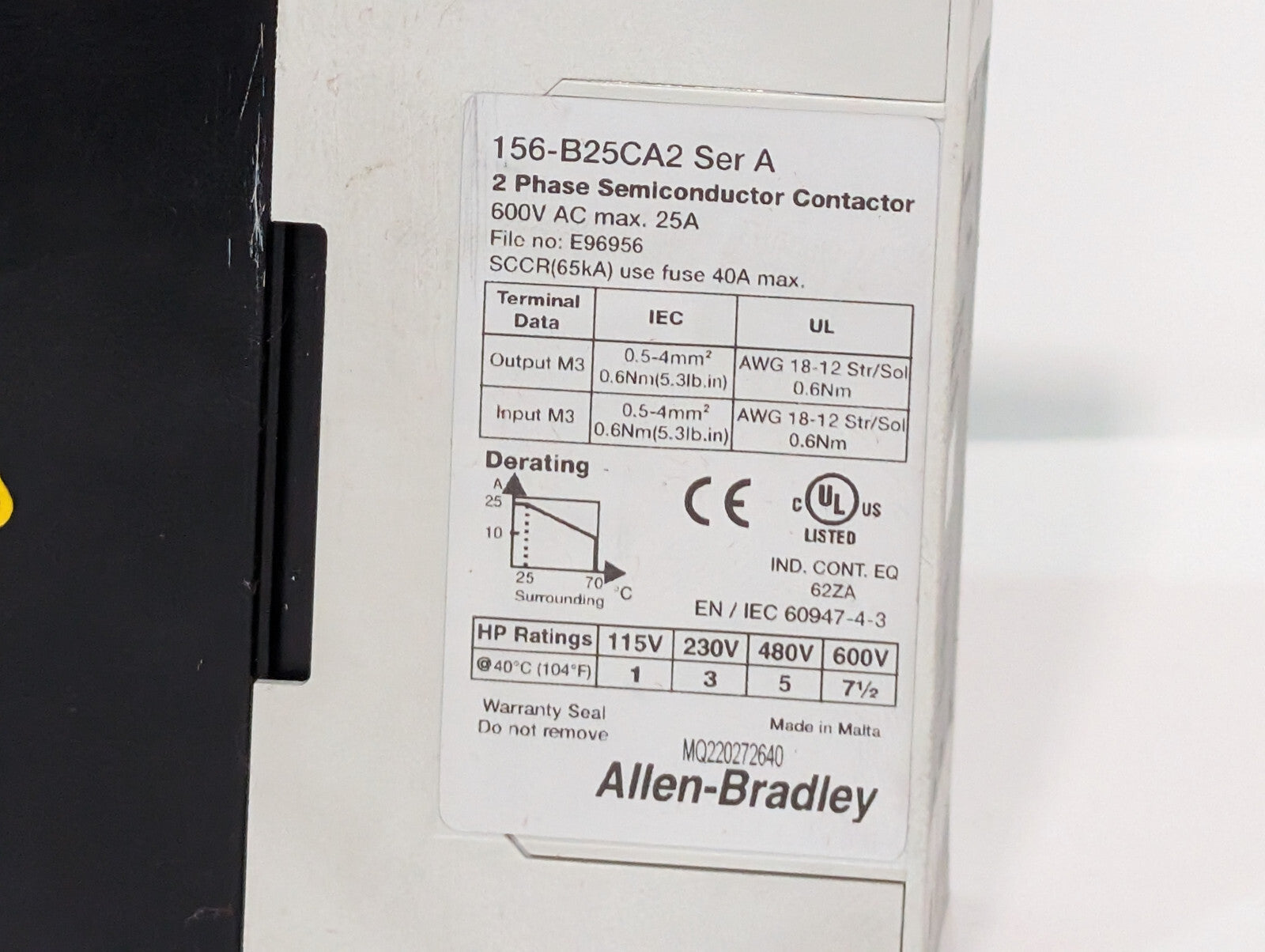 Allen Bradley 156-B25CA2 Ser A 2-Phase Semiconductor Contactor 600VAC 25A