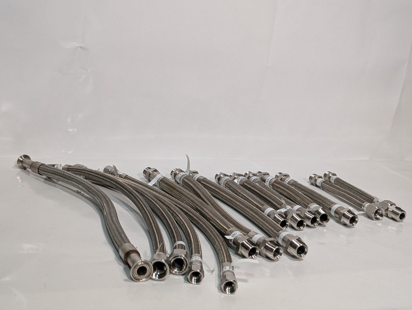 (15) Braided 316 Stainless Steel Flex Hoses, Assorted Lengths Sizes Ports