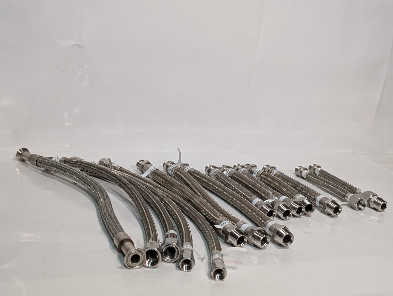 (15) Braided 316 Stainless Steel Flex Hoses, Assorted Lengths Sizes Ports