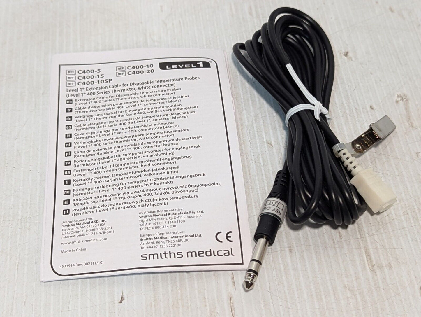 Smiths Medical C400-10 Level 1 Extension Cable For Disposable Temp. Probes, 10'