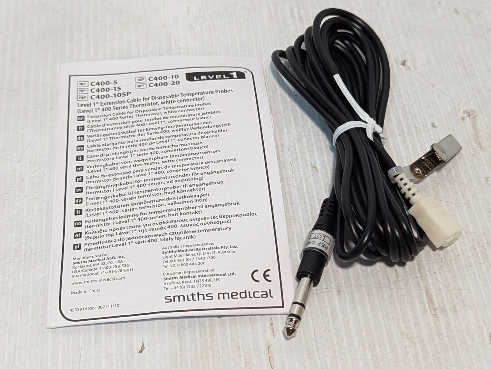 Smiths Medical C400-10 Level 1 Extension Cable For Disposable Temp. Probes, 10'