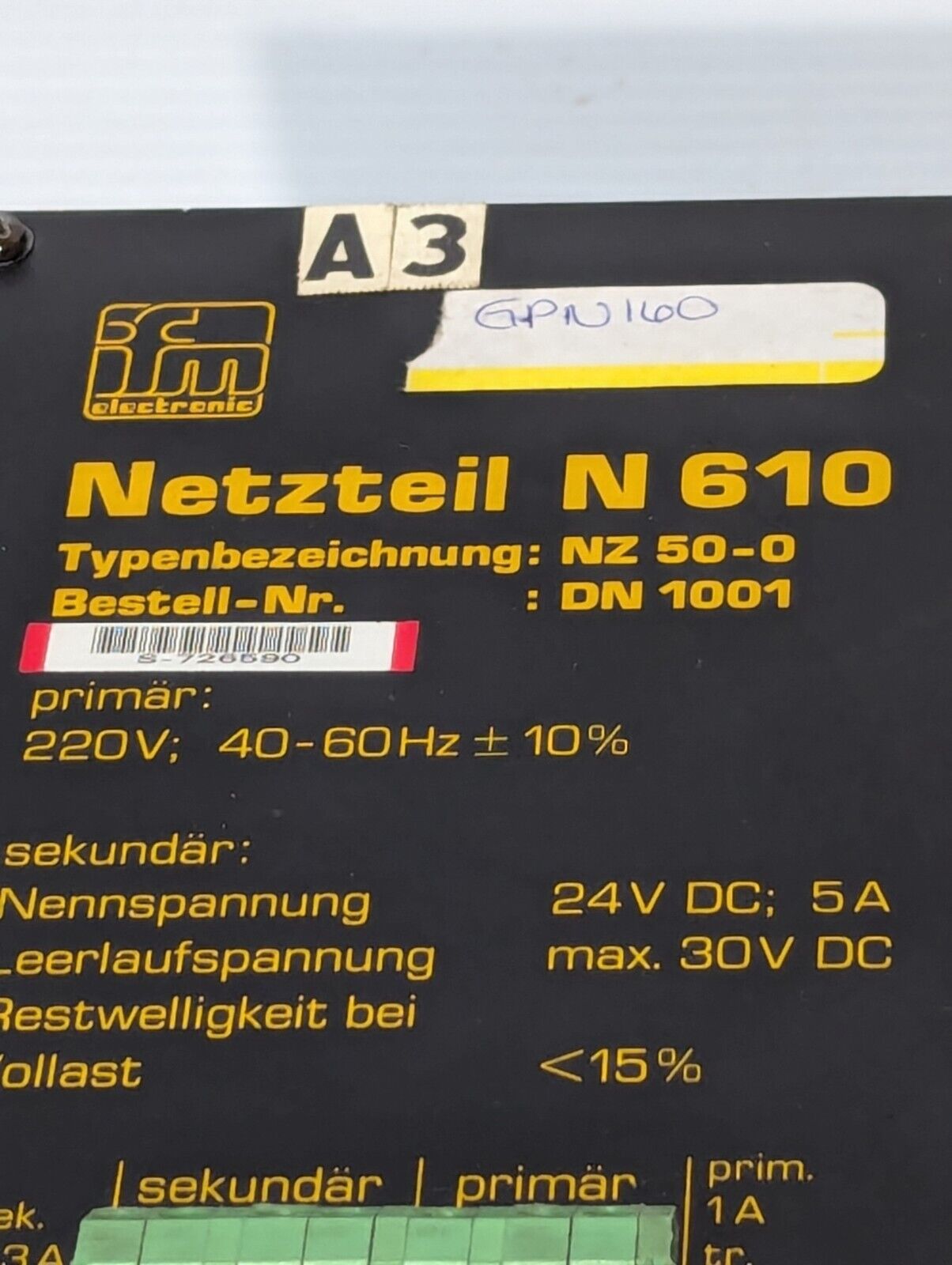 ifm electronic Netzteil N610 power supply, NZ50-0, DN 1001, 220VAC, 40-60Hz; 24V