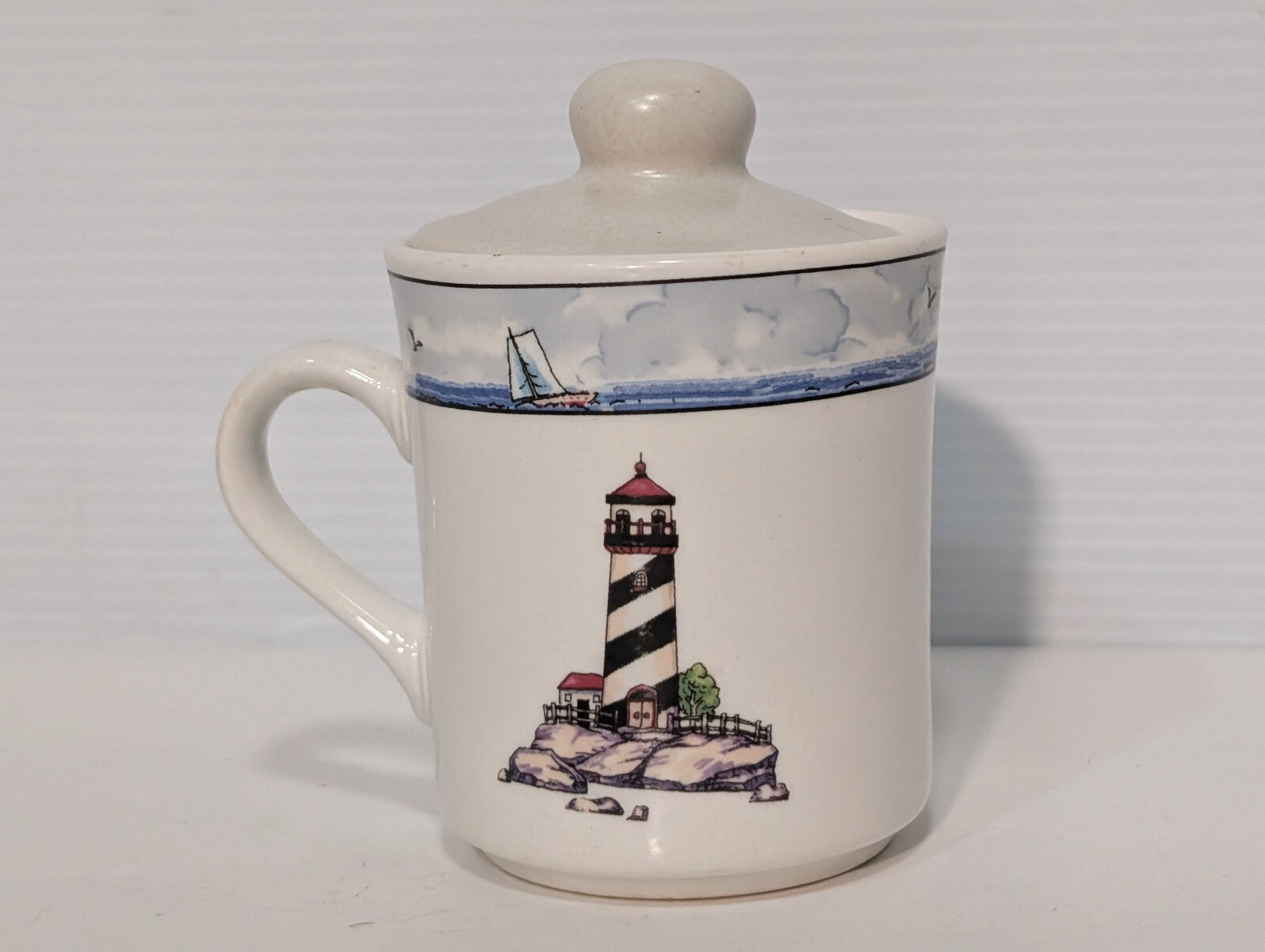 Vintage Lighthouse Maritime Sailboats Ceramic Stonewear Lidded Tea Coffee Mug
