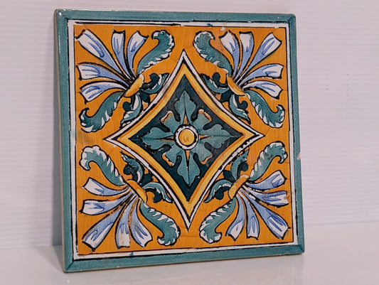 Vintage Decorative Tile Art Trivet Ceramic 8" Orange Gold Turquoise Design