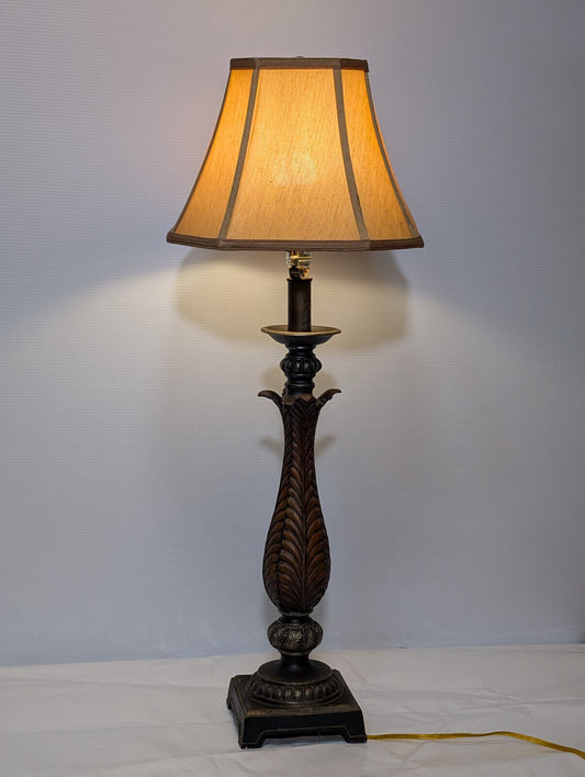 Vintage 1970s Wood, Leaf, Gold, 36" Table Lamp, Teak, Earthy, Eclectic, Nouveau