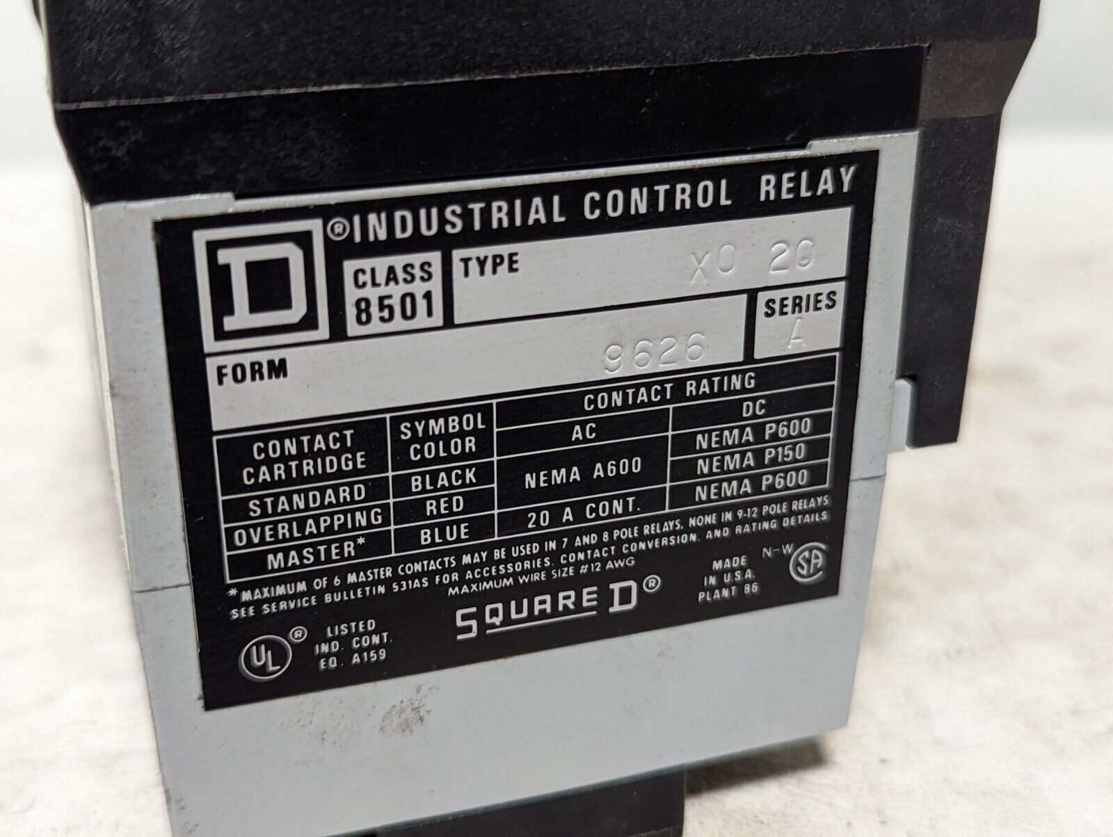 Square D 8501X020 industrial control relay, type X