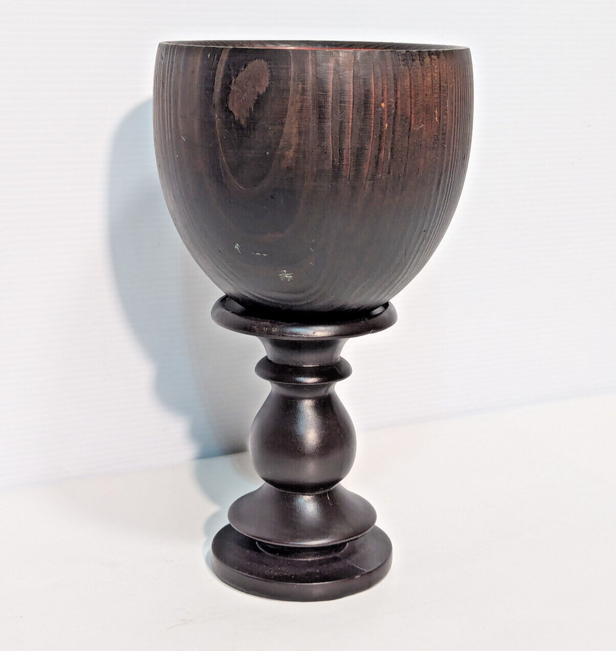 Unique Vintage Mid-Century Wooden Chalice Bowl Wood Stand Pedestal, Red Interior