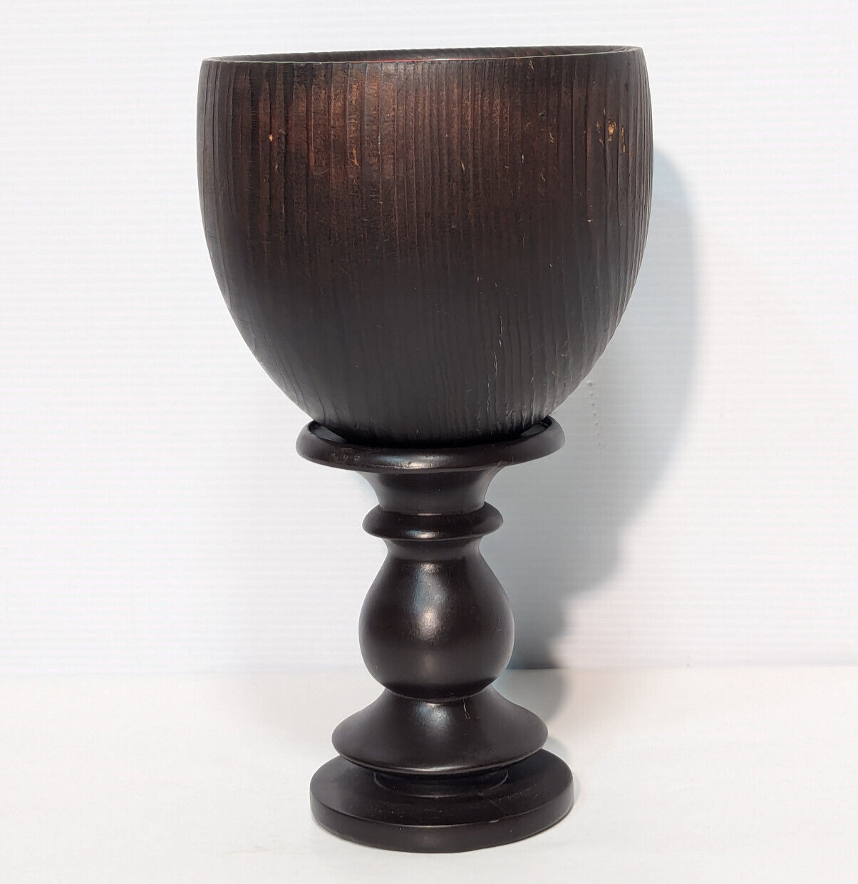 Unique Vintage Mid-Century Wooden Chalice Bowl Wood Stand Pedestal, Red Interior