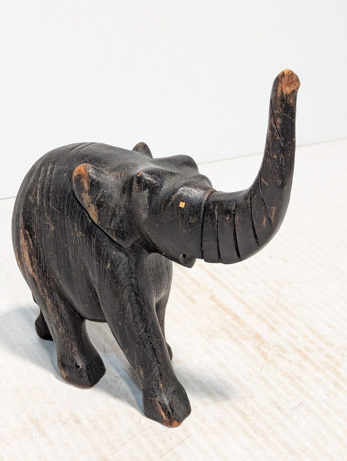 Vintage Hand Carved Black Wooden Elephant Figurine, Unique Design -Free Shipping