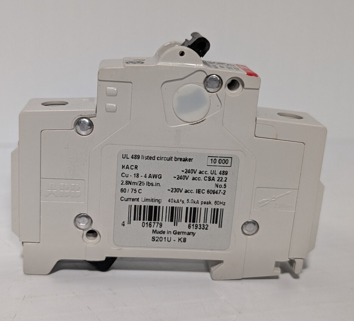 ABB S201U-K8 Circuit Breaker, 162K356H01 8 A, 240 VAC, 50/60 Hz, 1-Pole