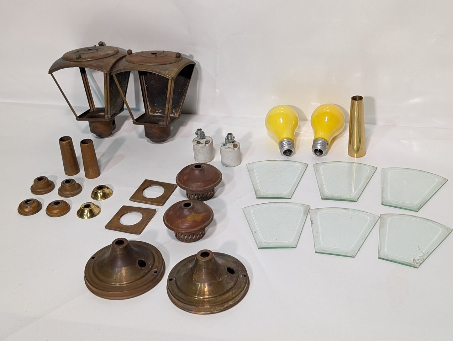 (2) Vintage French Pedestal Lamp Light Brass Glass Covers Disassembled Full Set