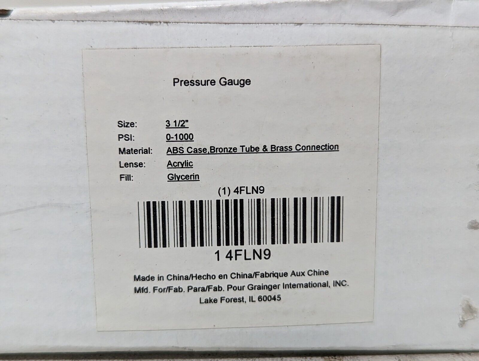 4FLN9 pressure gauge, 3.5 in, 0-1000PSI, ABS case, bronze tube, brass connection