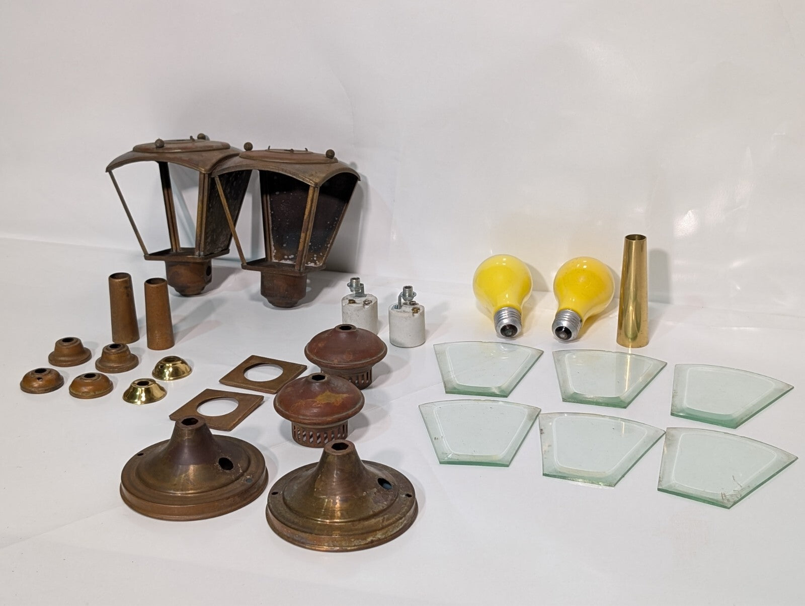 (2) Vintage French Pedestal Lamp Light Brass Glass Covers Disassembled Full Set