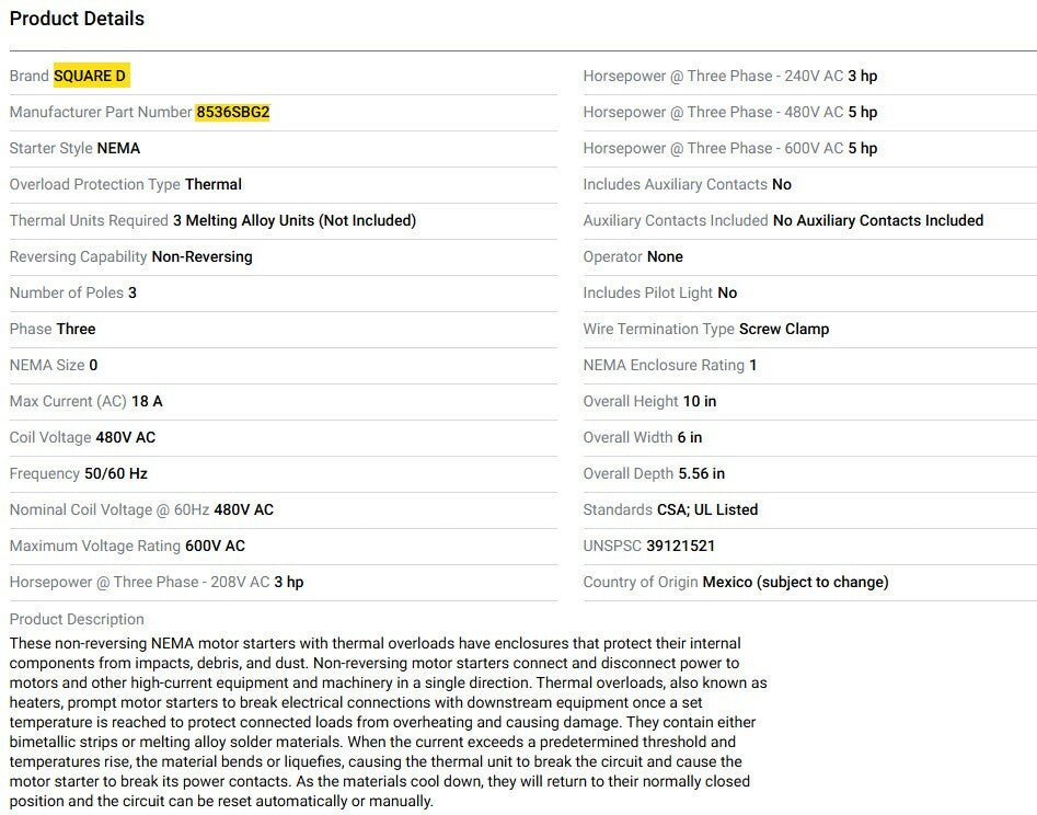 Square D 8536SBG2 Magnetic Motor Starter, Series A, NEMA 0, 480vac Coil, 18A