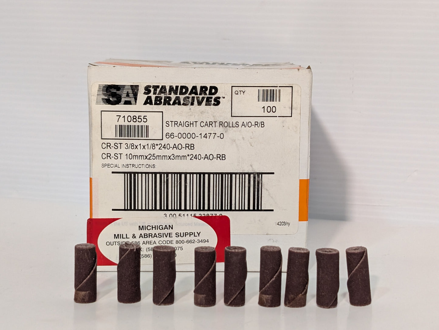 Standard Abrasives 710855 Straight Cartridge Rolls 3/8x1x1/8 240 Grit 100 Count