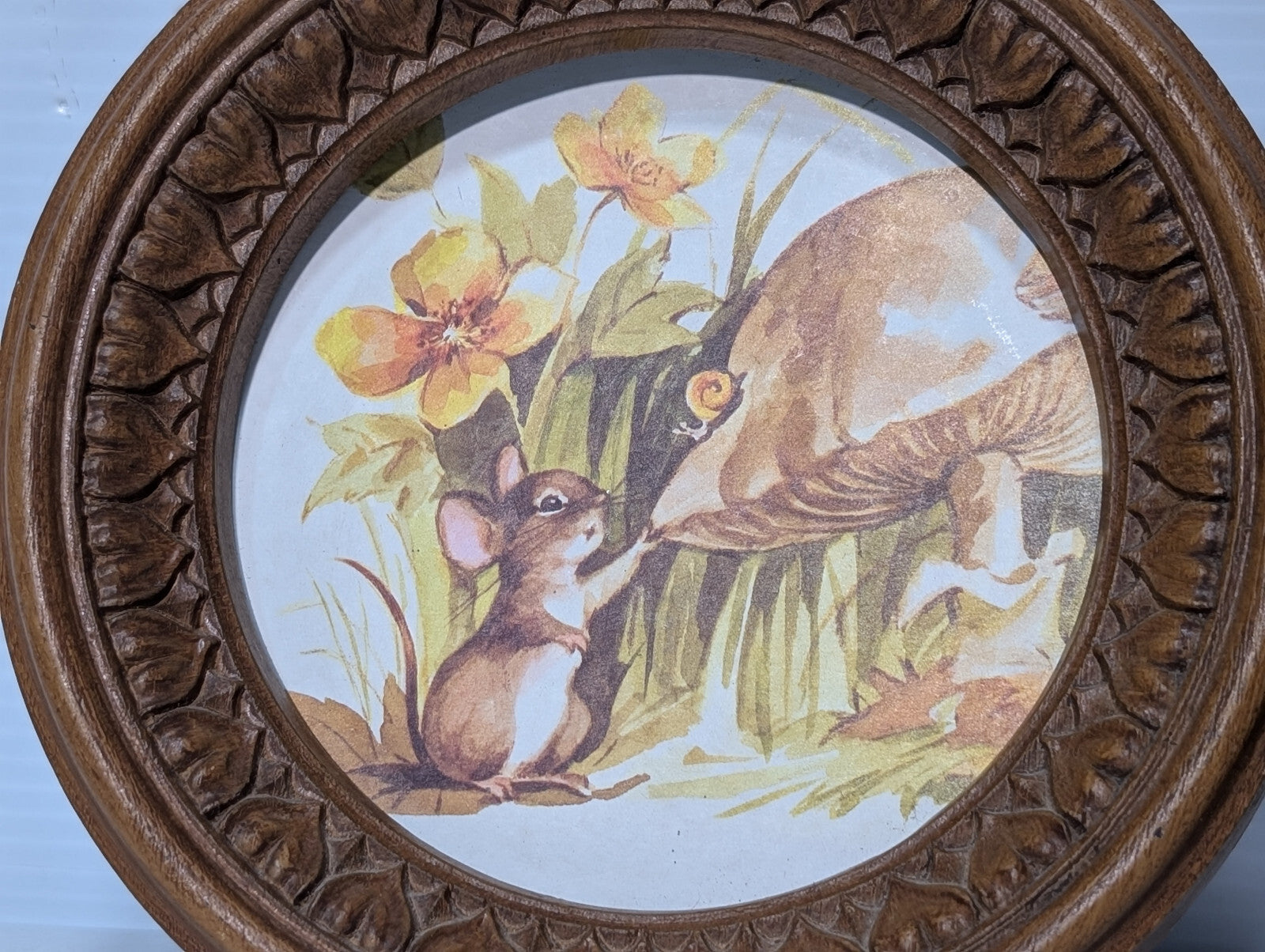 70s Vintage Round 7" Framed Art, Mushroom, Mouse, Raccoon, Woodland, Wildflowers