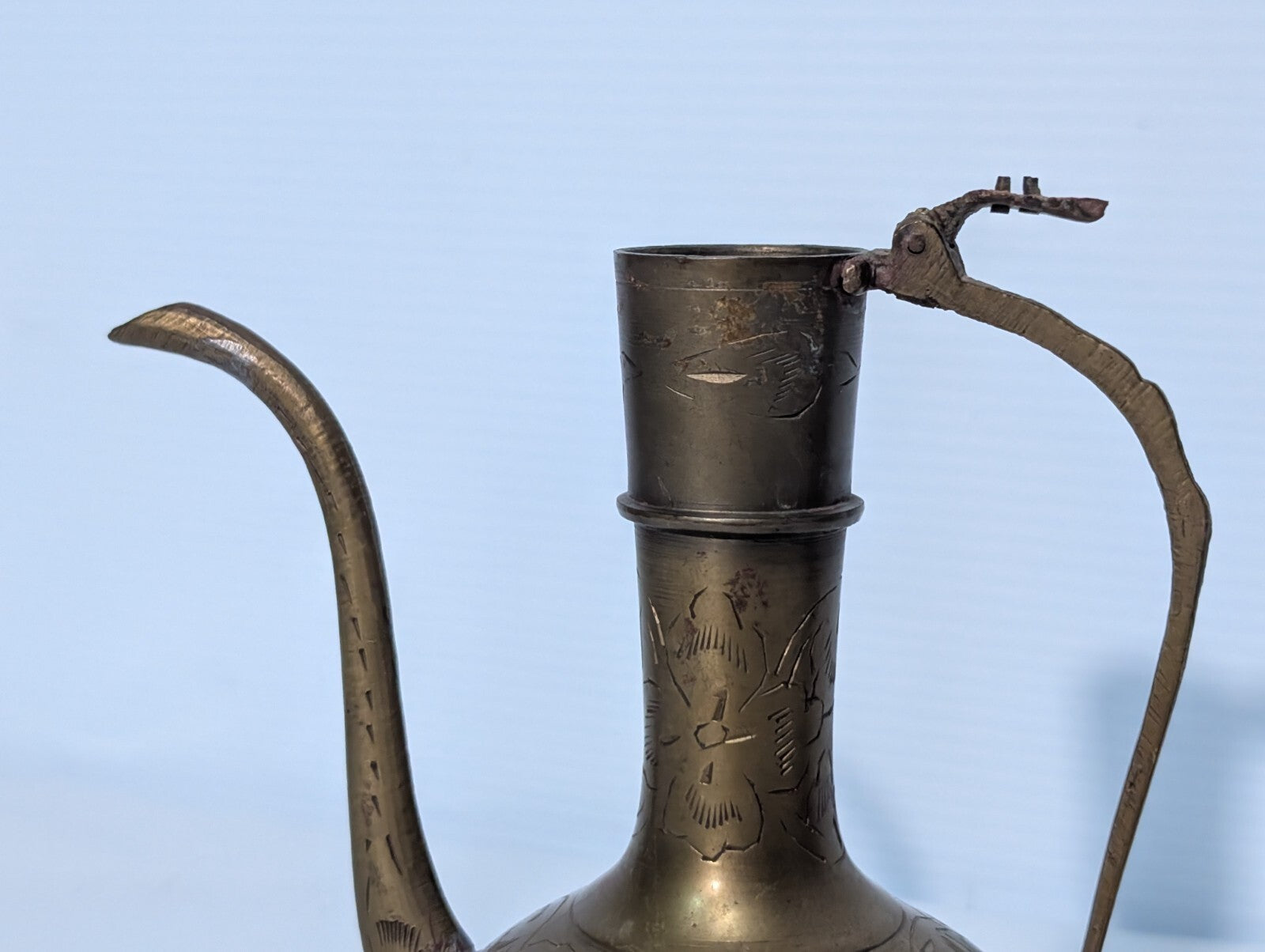 Vintage Moorish Brass Etched Indian Aftaba Ewer Water Pitcher 6.5" Tall