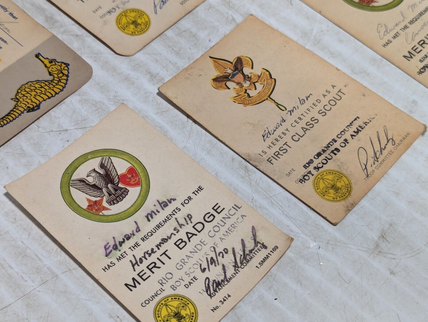 Vintage set of a Boy Scout First Class badge, rank cards, 1970's - Free Shipping