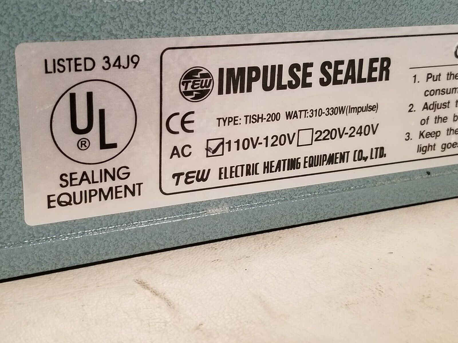 TEW impulse sealer TISH-200, 110-120VAC, 310-330W at impulse