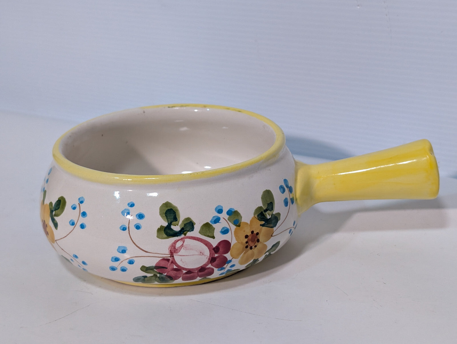 Vintage Hand Painted Soup Crock Pot Ceramic Dish Flowers Yellow Blue Green Berry