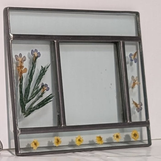 Unique Leaded Glass Panel with Flowers, Rectangular 7" Wide x 5.5" Tall