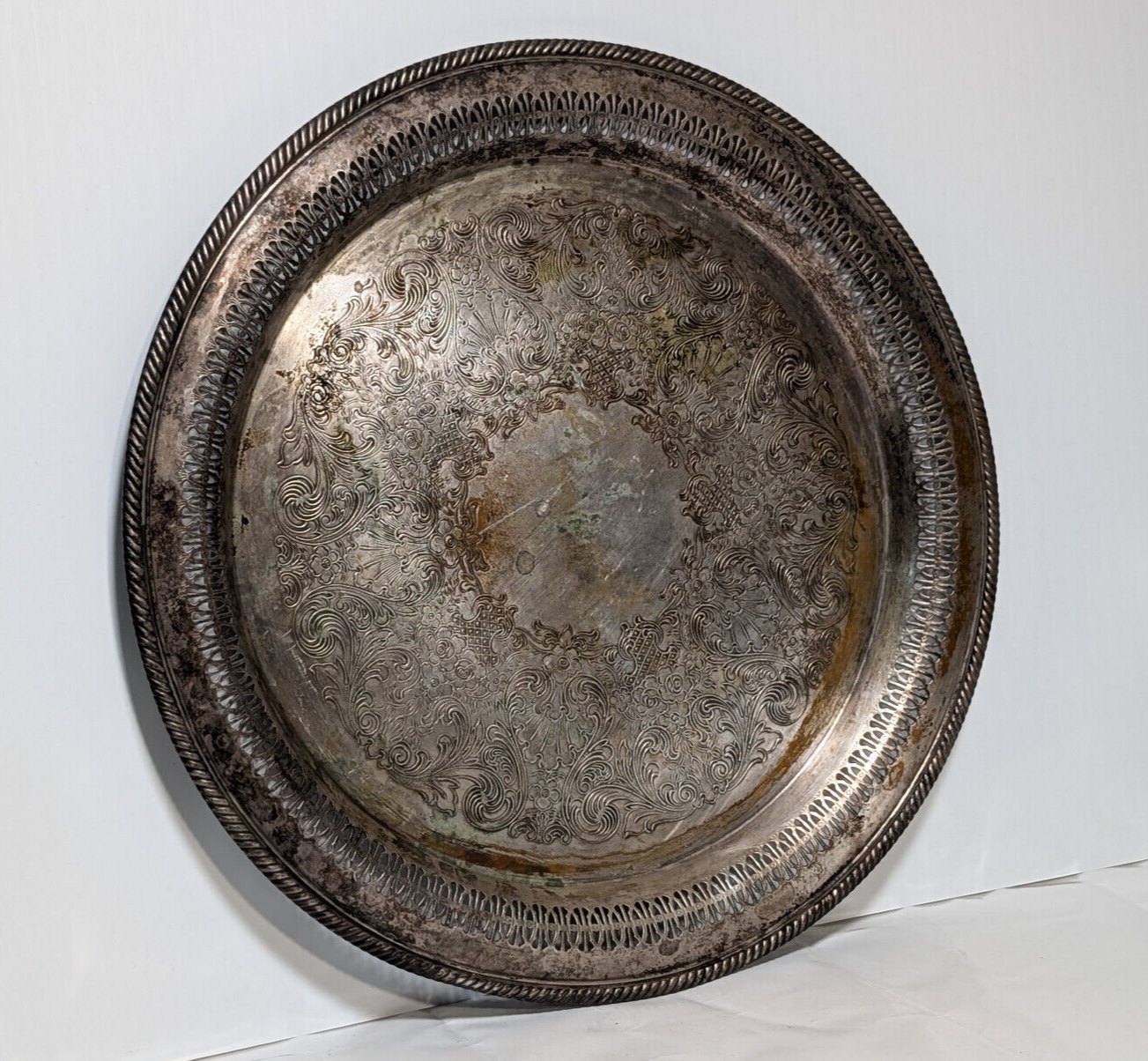 Vintage 15" Sterling Silver Plated Serving Platter, Tray, Victorian, Filagree