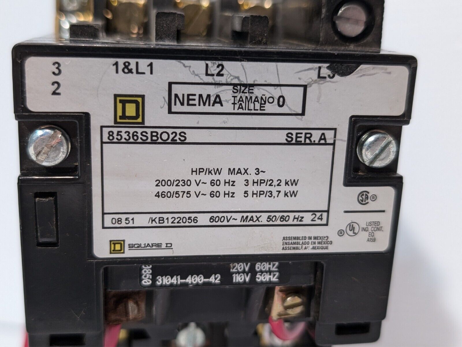 Square D 8536SBO2S motor starter, NEMA sz 0, 110/120VAC coil as pictured