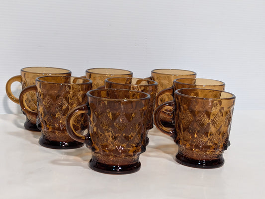 Vintage 8 Piece Anchor Hocking Amber Brown Glass Kimberly Diamond Cups Fire King