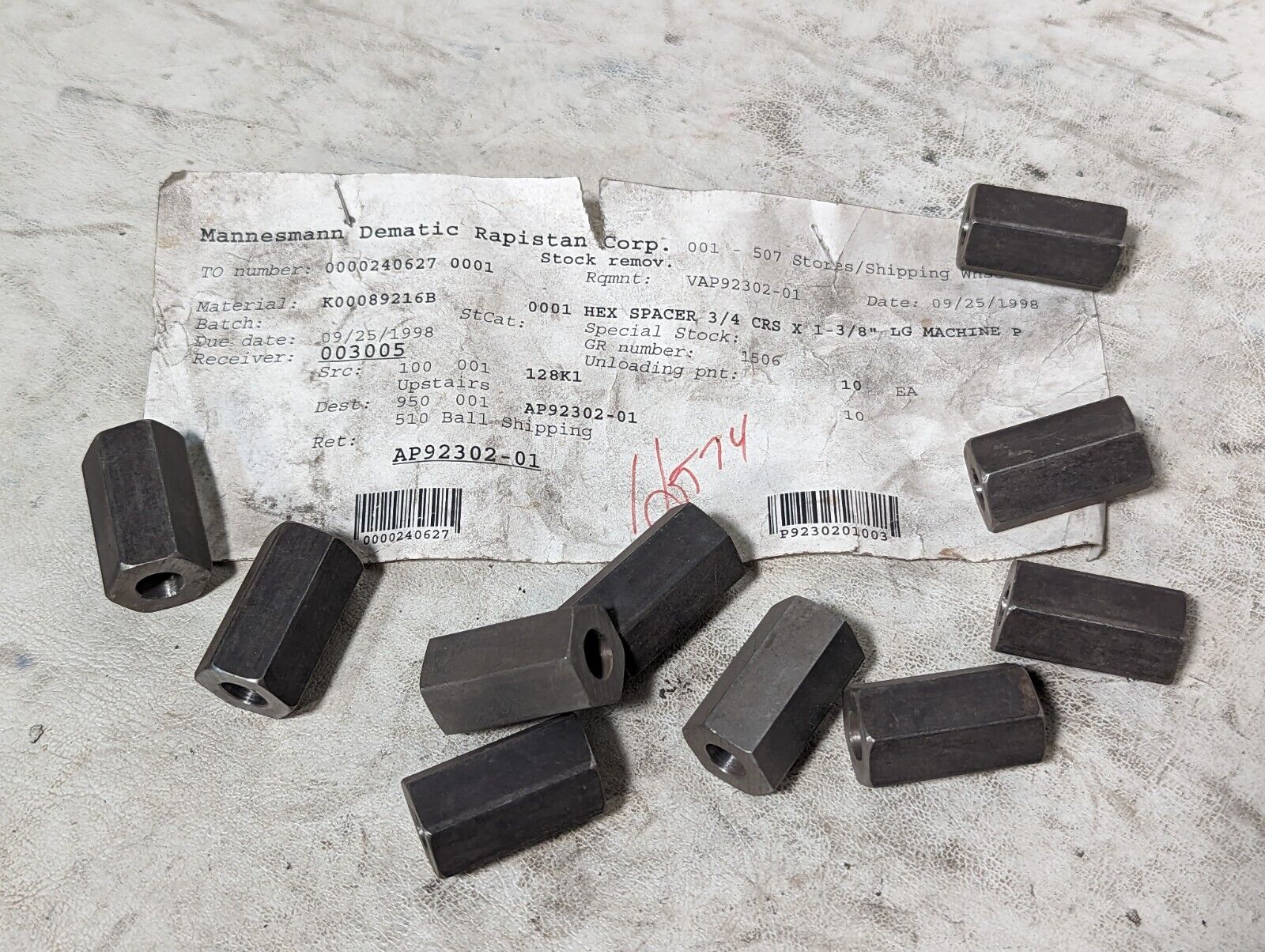 Lot of 10 hex spacers 3/4 CRS x 1-3/8" LG machine p