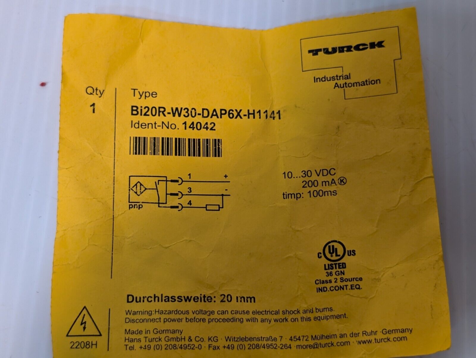Turck Bi20R-W30-DAP6X-H1141 Inductive Proximity Switch Sensor - Free Shipping