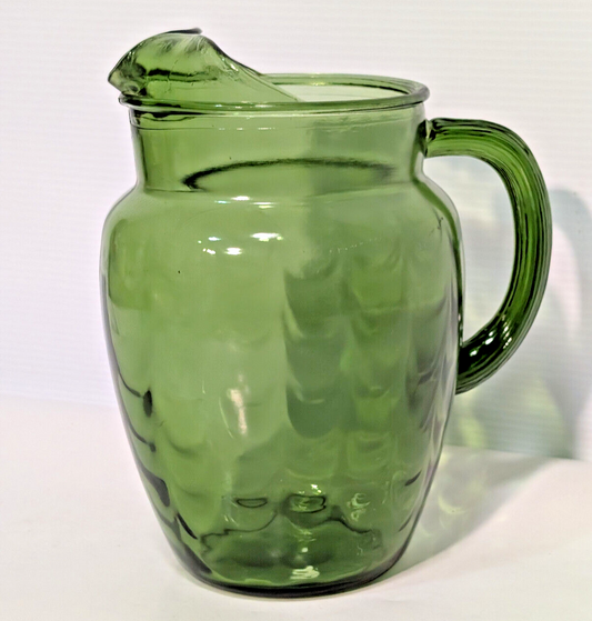 Vintage 1970s Olive Avocado Green Scale Textured Glass Water Pitcher 8" Tall