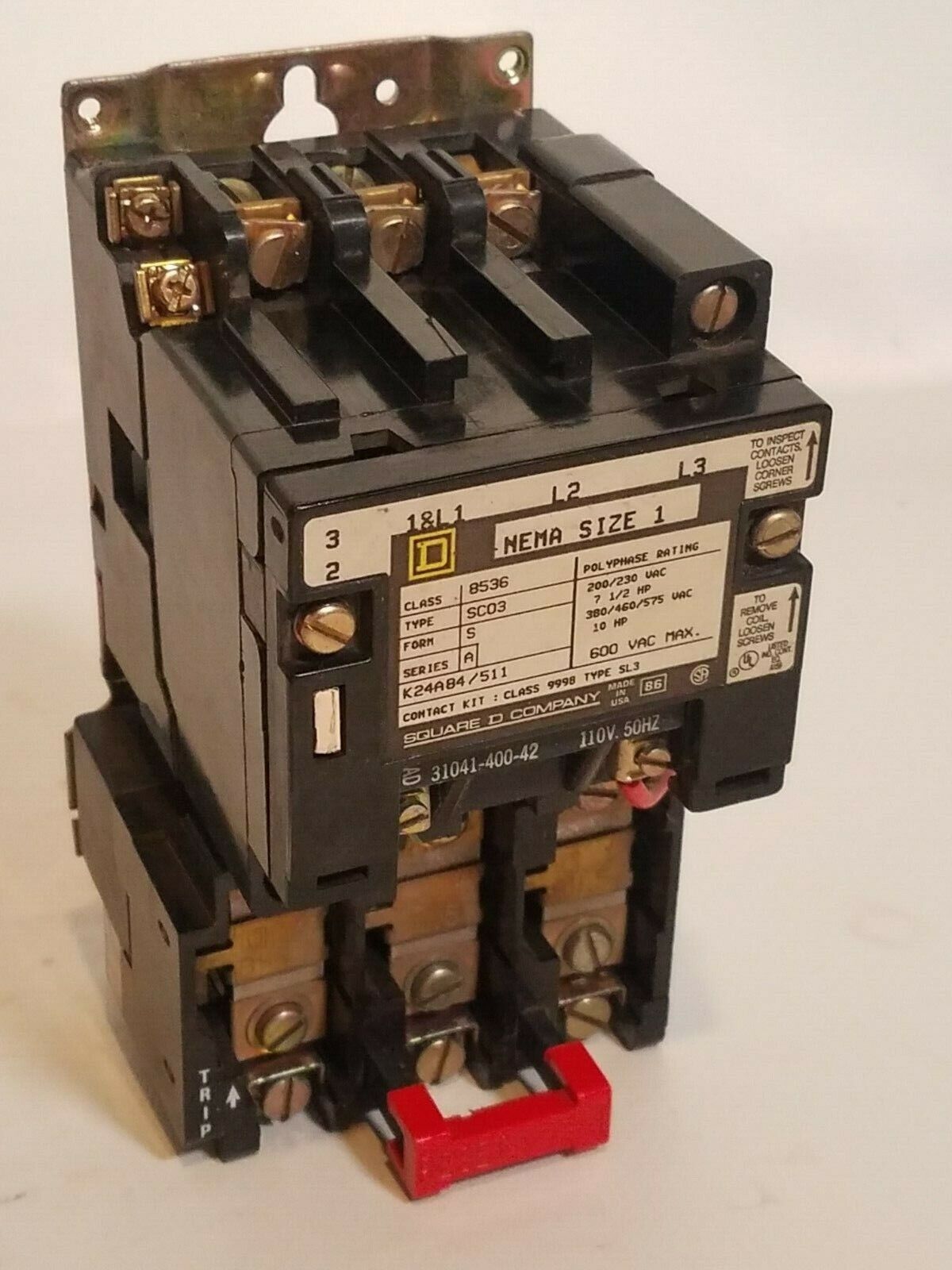 Square D 8536SC03V02S, size 1 motor starter, w/ 110/120VAC coil