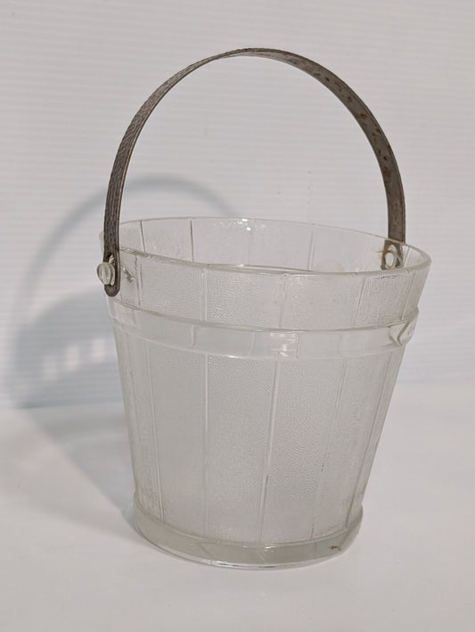 Vintage Mid Century Clear Glass Barrel Ice Bucket Hammered Gold Handle