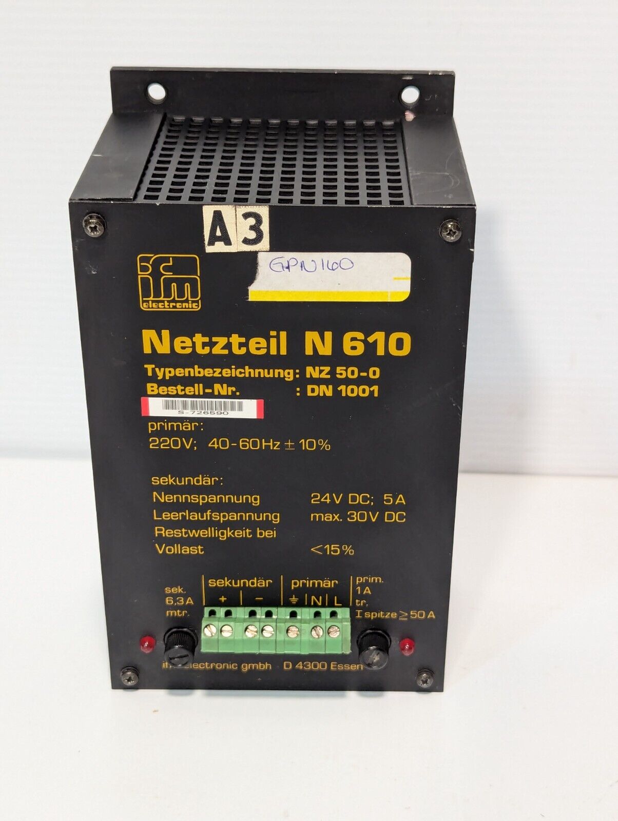 ifm electronic Netzteil N610 power supply, NZ50-0, DN 1001, 220VAC, 40-60Hz; 24V