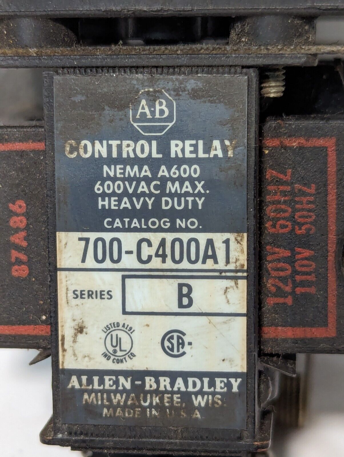 Allen Bradley 700-C400A1 AC Relay, Series B, w\  87A86 120vac Coil, NEMA A600