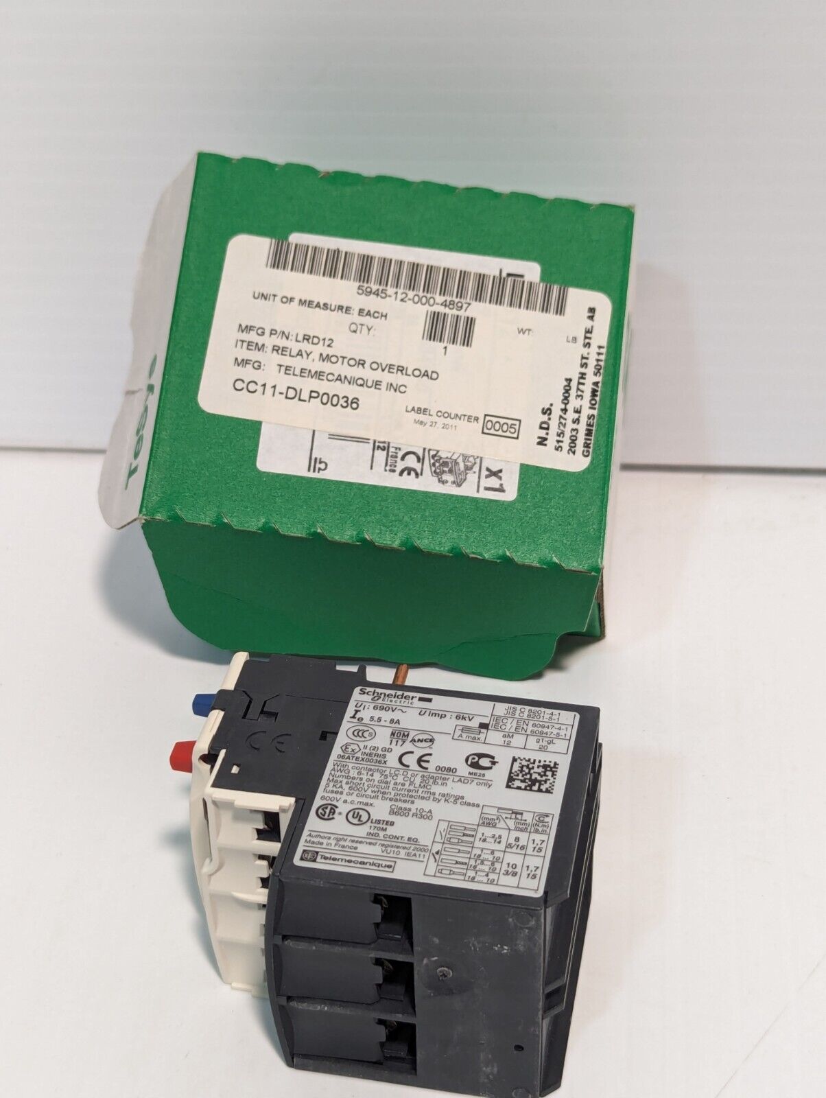 Schneider LRD12 Thermal Overload Relay  600V 5.5-8A 3-Pole - Free Shipping