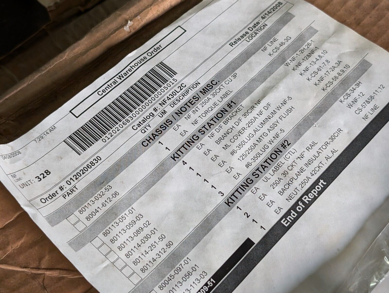 Square D NF430L2C Panelboard, 250A, 347VAC in original box (damaged) as shown