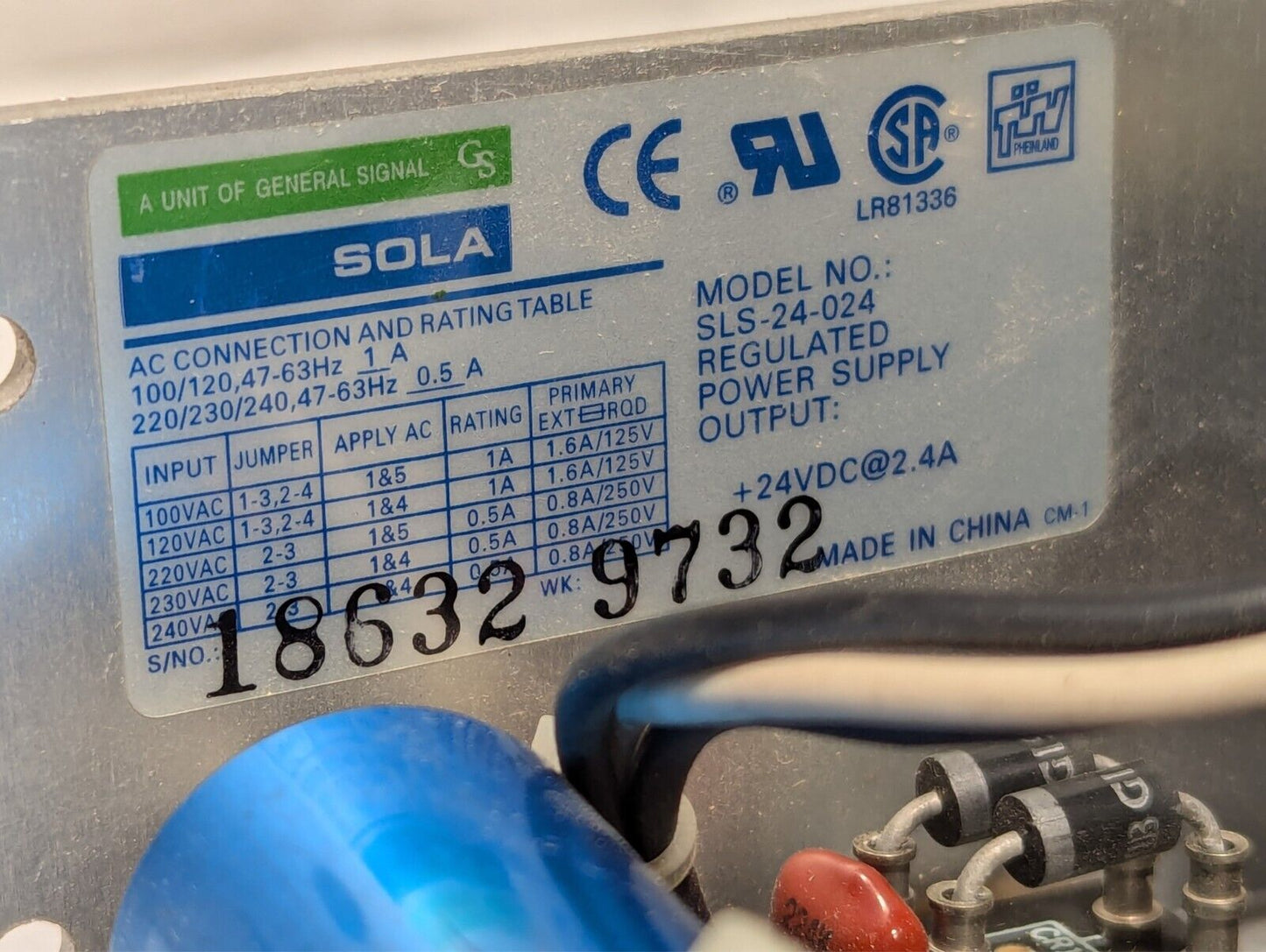 SOLA SLS-24-024 regulated power supply, 24VDC@2.4A out, 100/120/220/230/240VAC