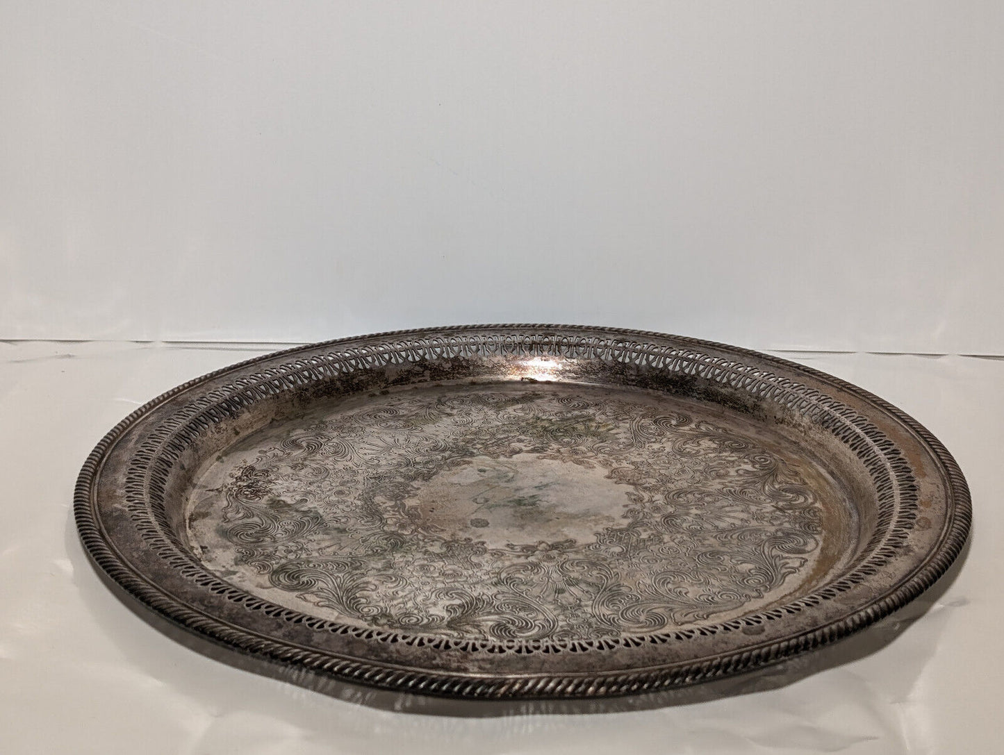 Vintage 15" Sterling Silver Plated Serving Platter, Tray, Victorian, Filagree