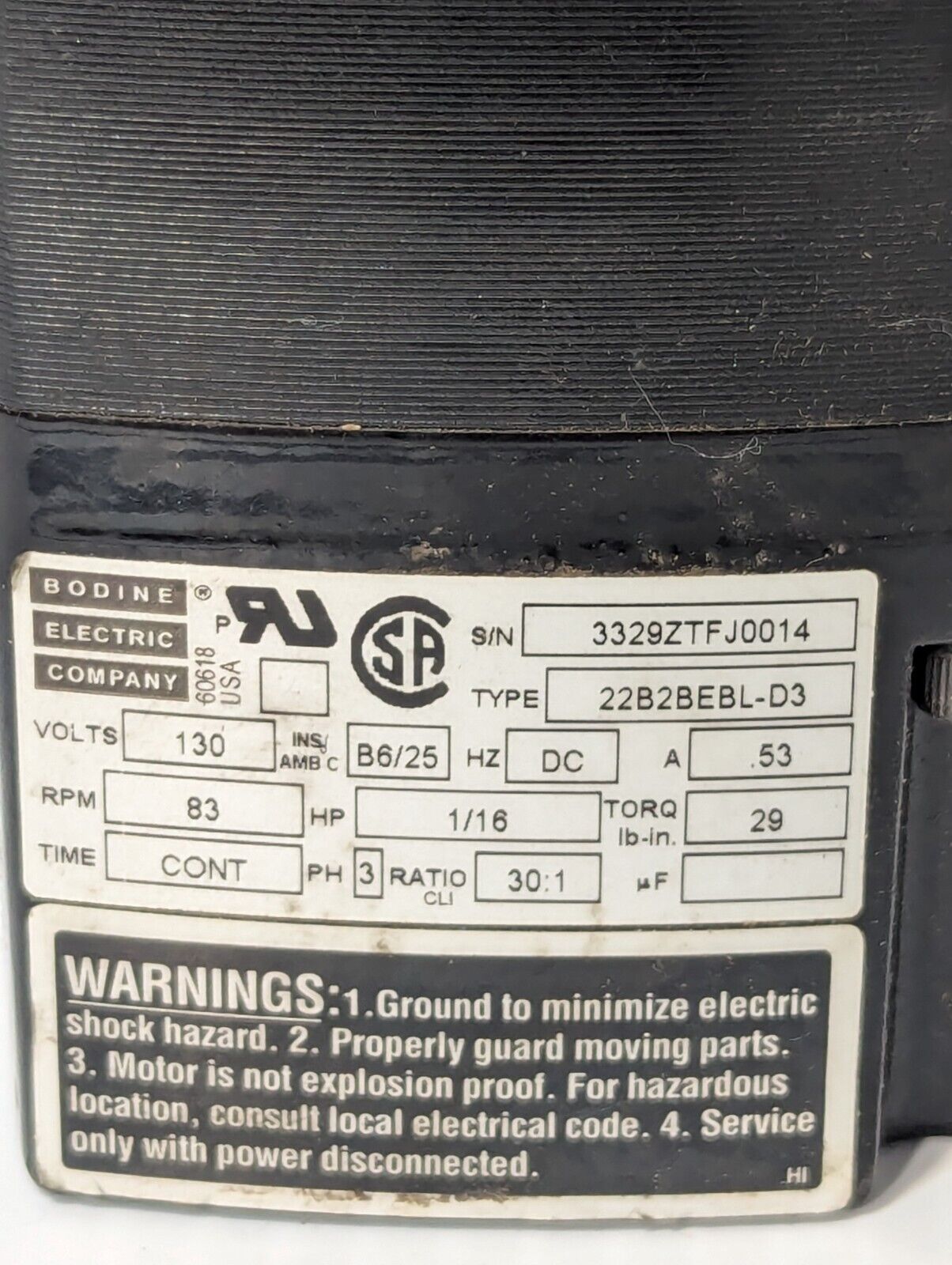 Bodine 22B2BEBL-D3 motor, 1/16 HP, 130VDC, 83RPM, 29 lb-in, cont - Free Shipping
