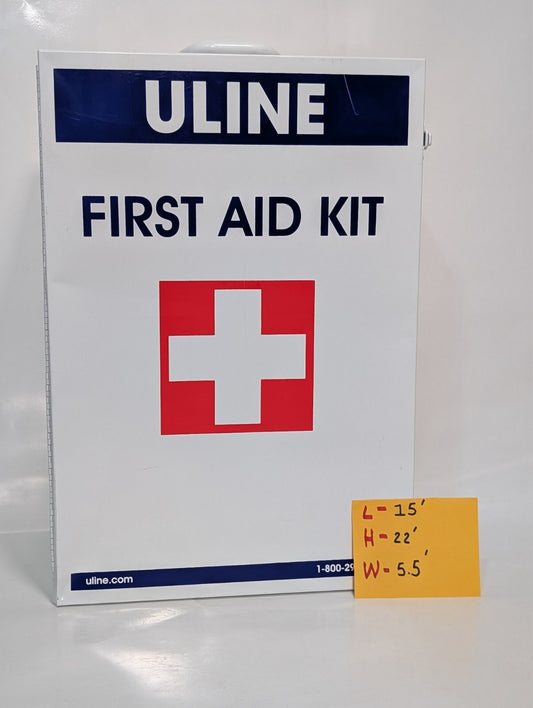 Uline First Aid Cabinet, 4 shelf, metal case, no contents, 22x15x6 inch, dings